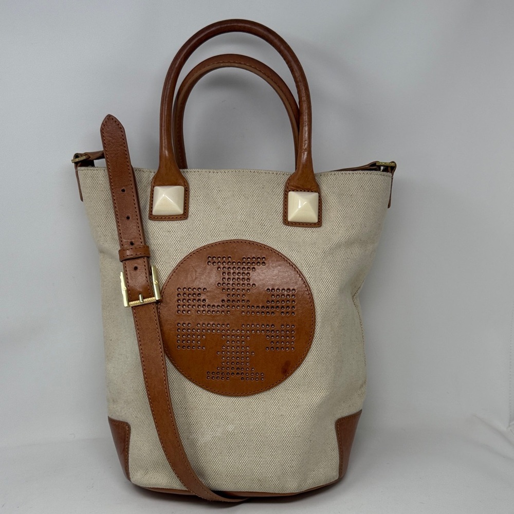 Tory Burch Canvas Leather Meredith Bucket Bag